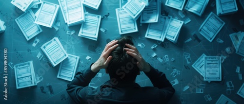 Overwhelmed Man Holding Head Surrounded by Documents and Data Sheets in a Dimly Lit Office photo