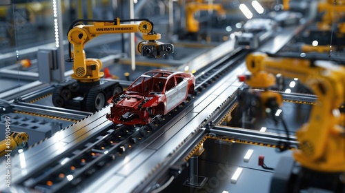An automated car manufacturing plant, with robots assembling vehicles from start to finish, showcasing the precision of automation