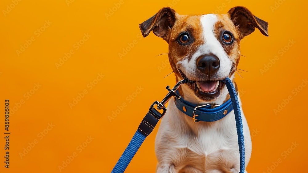 Photo of A dog holding blue leash in its mouth on orange background, space for text. Web banner with copyspace on the right