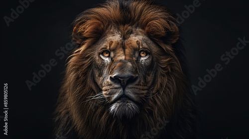 A majestic lion with its head raised, looking straight ahead in the dark. The background is black and the face of an African Lion is illuminated. The photo was taken using a Canon EOS R5 camera with