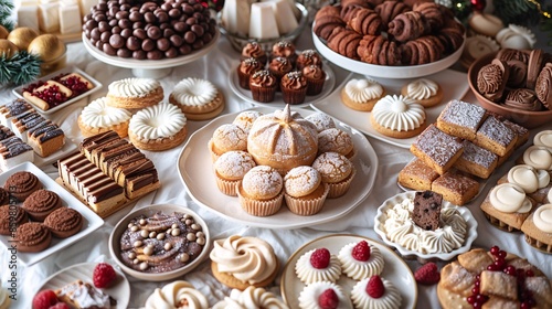 Variety of Delicious Desserts on a White Tablecloth.
