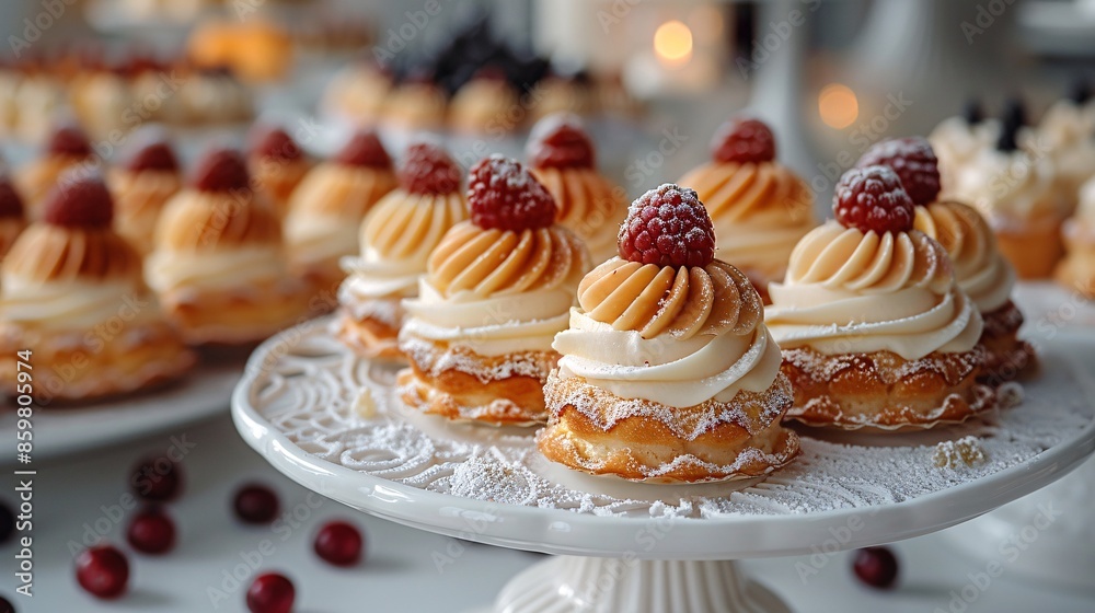 Delicious raspberry cream puffs on a white plate.