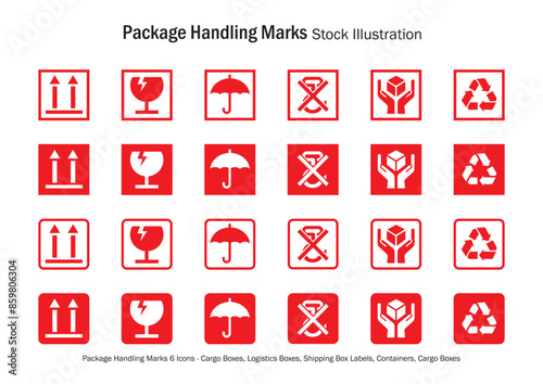 Package Handling Marks Icons - Cargo Boxes, Logistics Boxes, Shipping Box Labels, Containers