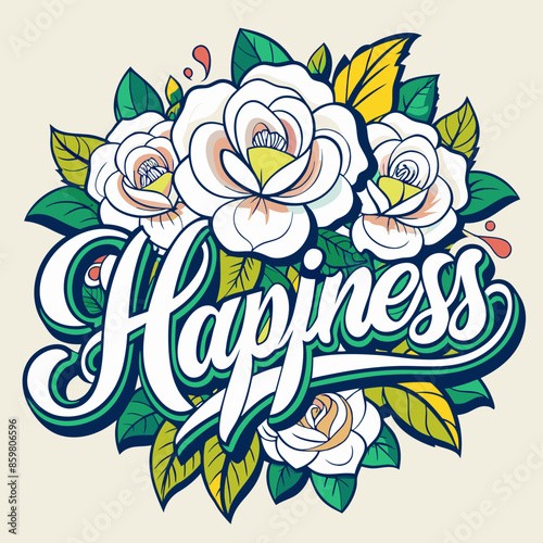 T-shirt design with the word "Happiness" typography, beautiful roses, white background