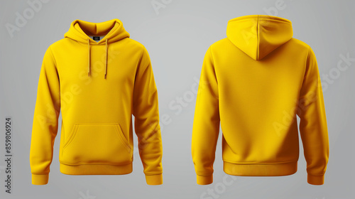 A plain yellow mockup hoodie displayed from both the front and back views photo