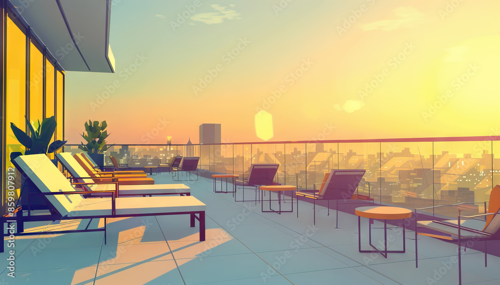Fototapeta premium Hotels are the canvases for memorable experiences: Illustrate a hotel rooftop with a stunning view, symbolizing the memorable moments that hotels create for their guests