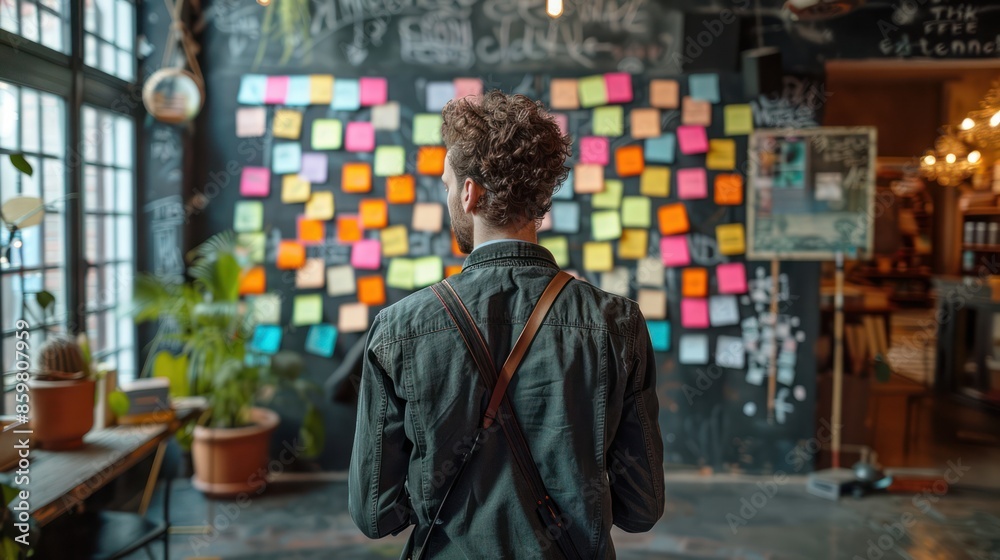 Efficient Businessman: Back View Reading Sticky Notes on Wall for Work Productivity Efficient Businessman: Back View Reading Sticky Notes on Wall for Work Productivity