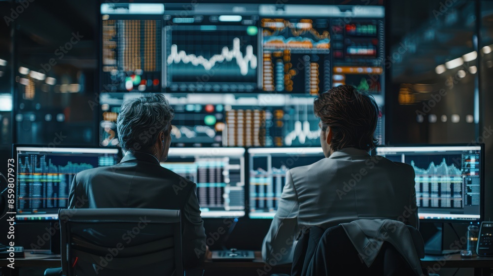 Back view of two crypto traders analyzing investments on multi-screen monitors in stock exchange market Back view of two crypto traders analyzing investments on multi-screen monitors in stock exchange market