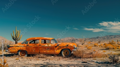 Deserted Yellow Taxi Wreck amidst Cactus Landscape - Abandoned Rusty Car with Wide Copy Space and Aspect Ratio photo