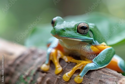 Flying frog closeup face on branch javan tree frog closeup image rhacophorus reinwartii on green leaves photo