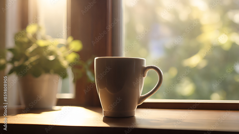 a coffee cup resting on a windowsill, with morning light streaming in and a soft focus background, creating a peaceful setting with plenty of copy space a coffee cup resting on a windowsill, with morning light streaming in and a soft focus background, creating a peaceful setting with plenty of copy space