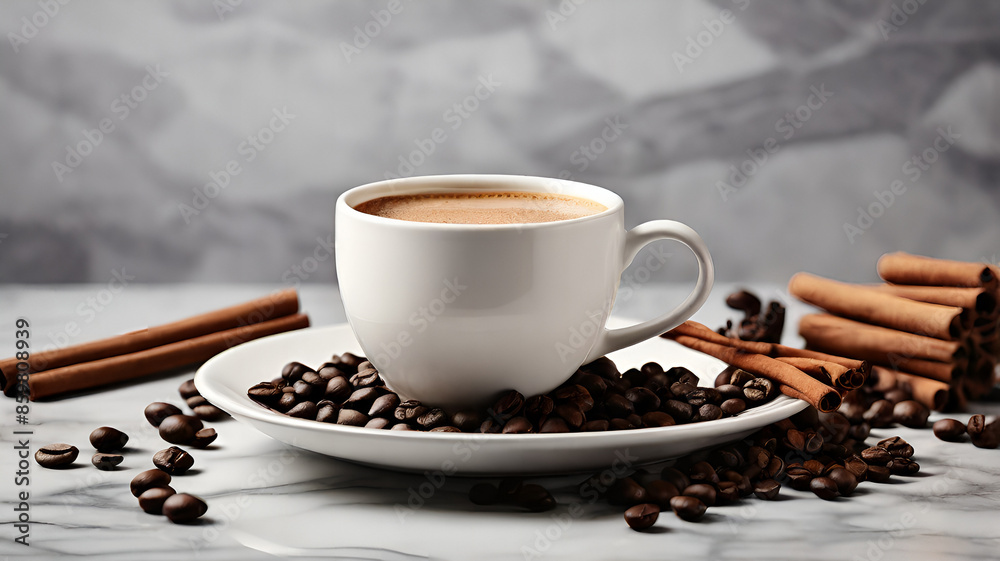 a coffee cup and saucer, along with scattered coffee beans and cinnamon sticks on a marble surface, providing a sophisticated background with ample space for text a coffee cup and saucer, along with scattered coffee beans and cinnamon sticks on a marble surface, providing a sophisticated background with ample space for text