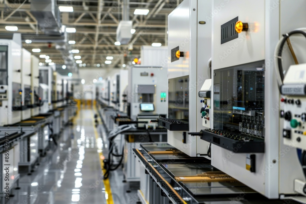 Factory machines line up on conveyor belt in large room for industrial production process Factory machines line up on conveyor belt in large room for industrial production process