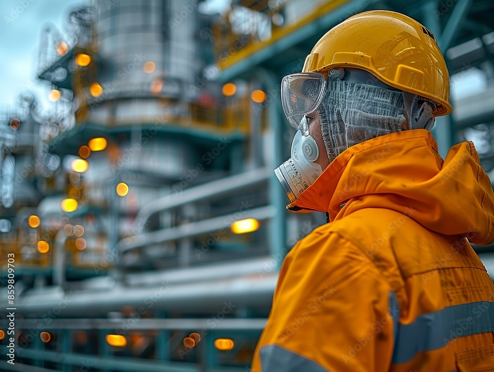 Worker in a chemical plant conducting inspections. Safety protocols, industrial setting. Engineering and manufacturing. Minimalism, Worker in a chemical plant conducting inspections. Safety protocols, industrial setting. Engineering and manufacturing. Minimalism,