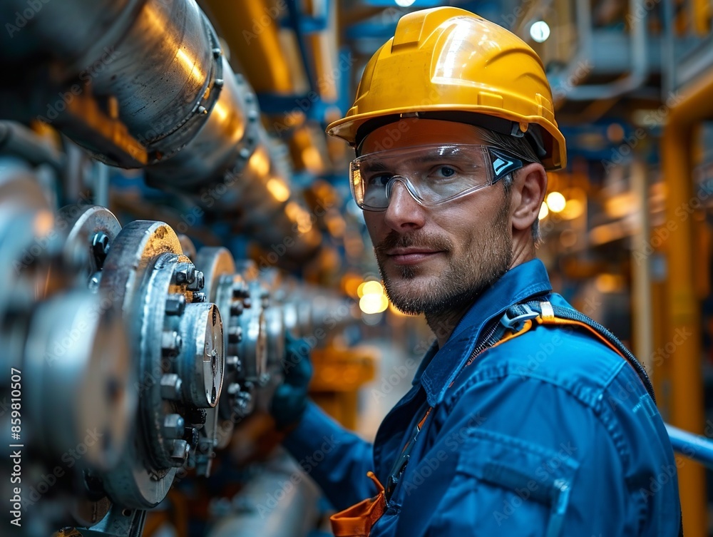 Labor engineer inspecting pipelines at an oil refinery. Safety helmet, technical equipment. Industrial concept. Minimalism,