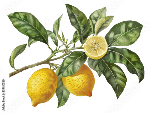 A branch of a lemon tree with three lemons, one cut in half, surrounded by green leaves. photo