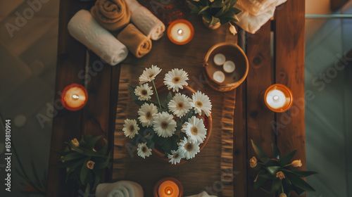 Beautiful spa accessories and fresh flowers in the center of the massage table seen from above, languid brown colors, lit candles
