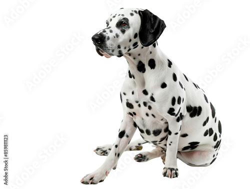 A Dalmatian dog sits with its head turned, looking to the left, with a curious expression. © admin_design