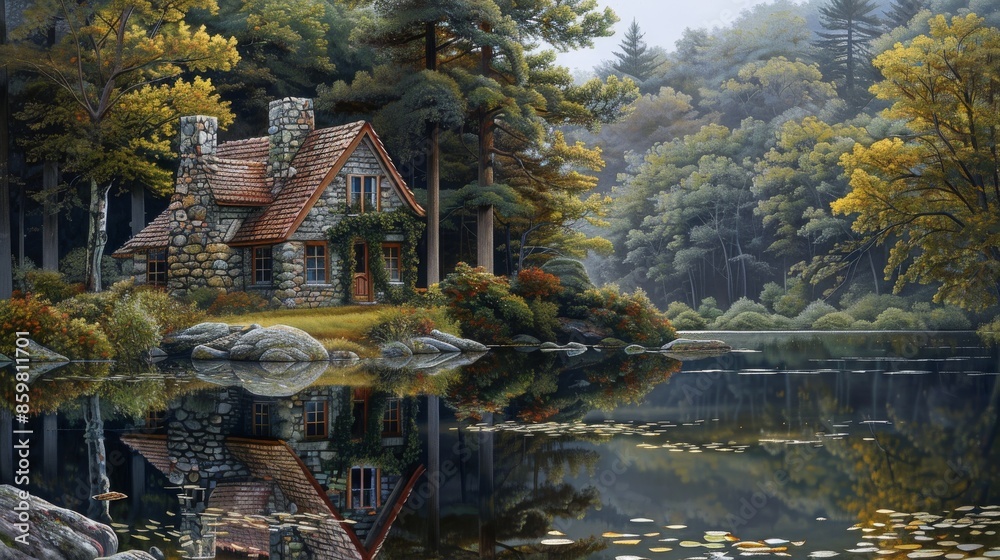 The rugged beauty of a stone house set amidst nature's giants, its reflection painting a serene picture on the still surface of a tranquil pond The rugged beauty of a stone house set amidst nature's giants, its reflection painting a serene picture on the still surface of a tranquil pond