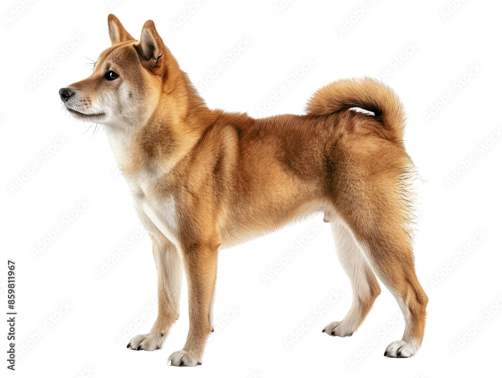 A Shiba Inu dog stands alert, facing left, with a playful expression. The dog is isolated on a white background. A Shiba Inu dog stands alert, facing left, with a playful expression. The dog is isolated on a white background.