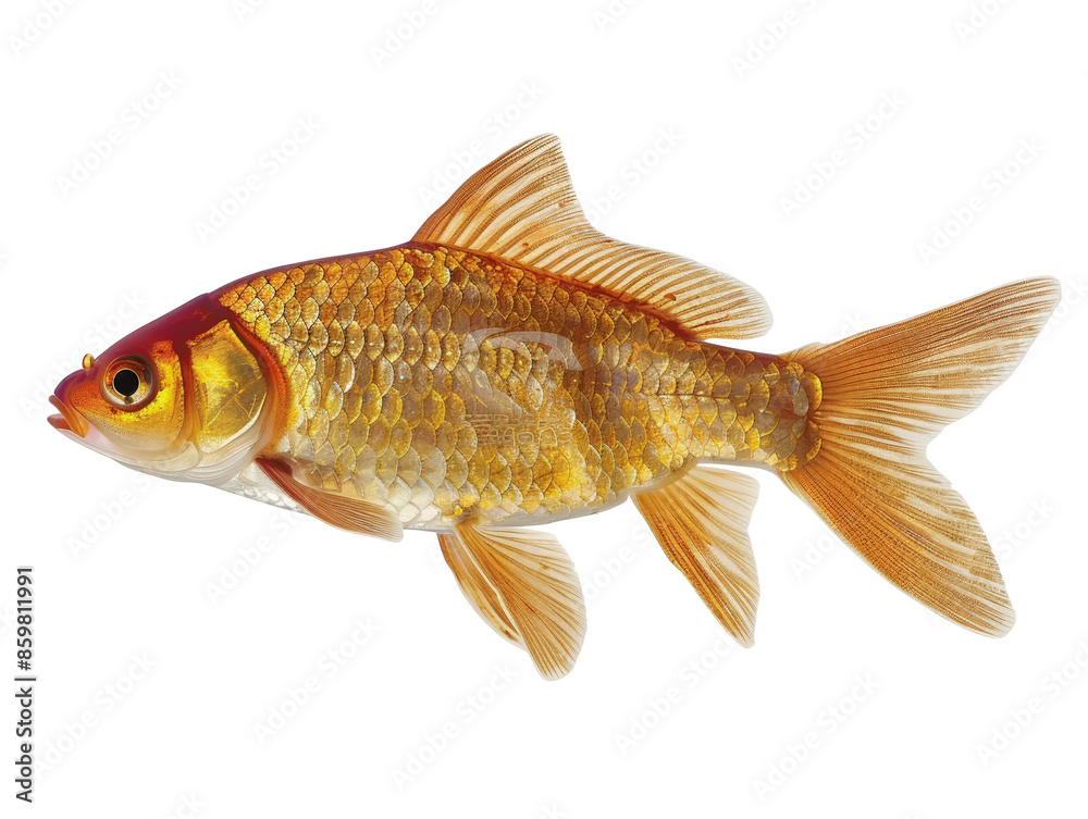 A single goldfish with orange and gold scales swims in clear water. The fish is isolated on a white background. A single goldfish with orange and gold scales swims in clear water. The fish is isolated on a white background.