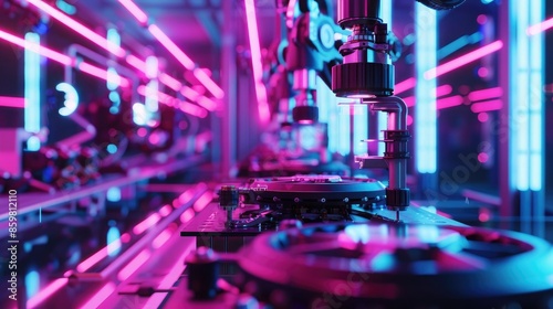 Close-up of a futuristic drone assembly process with high precision tools and robotic arms, in a neon-lit, ultra-modern manufacturing environment