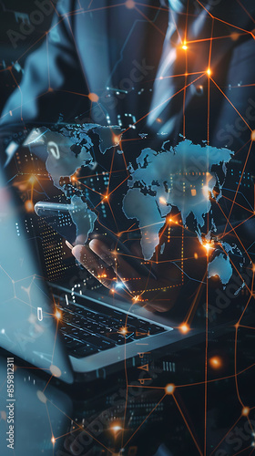 A digital collage of business people using technology, including smartphones and laptops with global network connections in the background. The composition includes holographic graphs representing dat