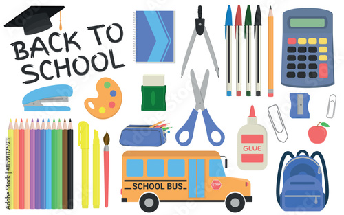 School Supplies - Various Colorful Icons and Back to School Logo. Pens, Pencils, Colored Pencils, Case, Backpack, Scissors, Compass, Eraser, Sharpener, Calculator, School Bus and others.
