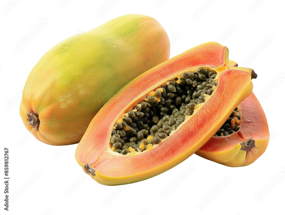 A whole papaya and a sliced papaya with black seeds, isolated on a white background. A whole papaya and a sliced papaya with black seeds, isolated on a white background.