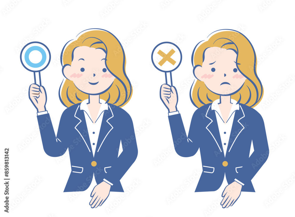 マルバツの札を持つスーツ姿の女性　正解　不正解　3C