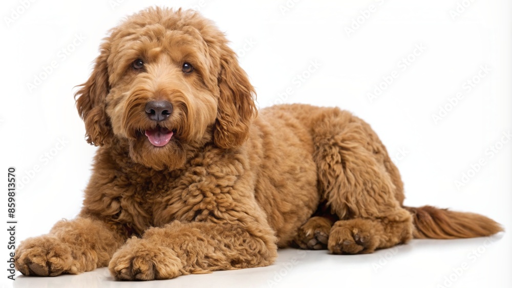 Fototapeta premium A Labradoodle, a brown dog, sitting on a white background.
