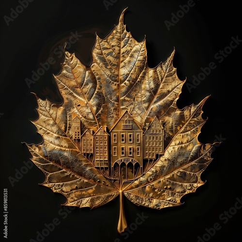 Intricate Urban Landscape Carving on a Golden Maple Leaf photo