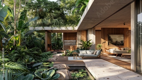 Contemporary villa with wood and concrete in a lush tropical garden, generative ai © Manzoor