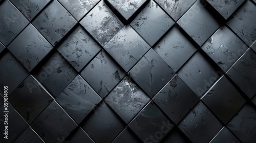 Abstract background of dark, textured, square tiles in a staggered pattern.