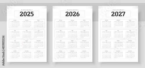 Simple english calendar 2025, 2026 and 2027. The week starts on Sunday. Simple calender layout. Yearly diary. Stationery template with 12 months, Organizer in English. Pocket or wall formats.