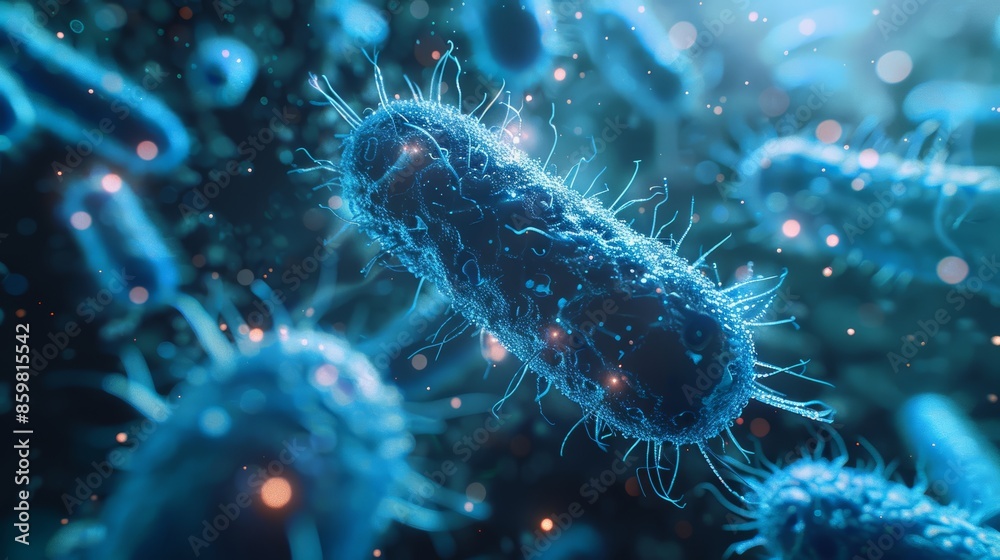 A microscopic view of bacteria, showing their intricate structures and vibrant blue color. A microscopic view of bacteria, showing their intricate structures and vibrant blue color.
