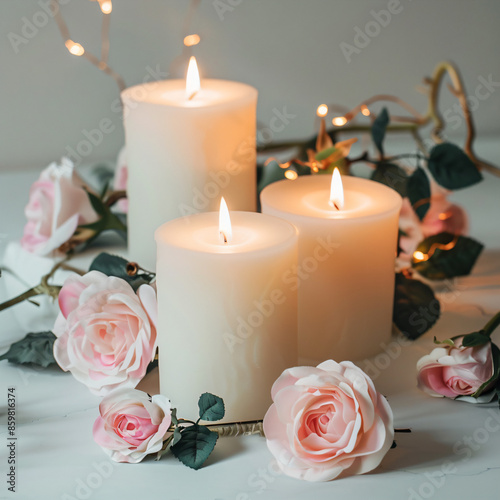 three candles with pink roses and fairy lights