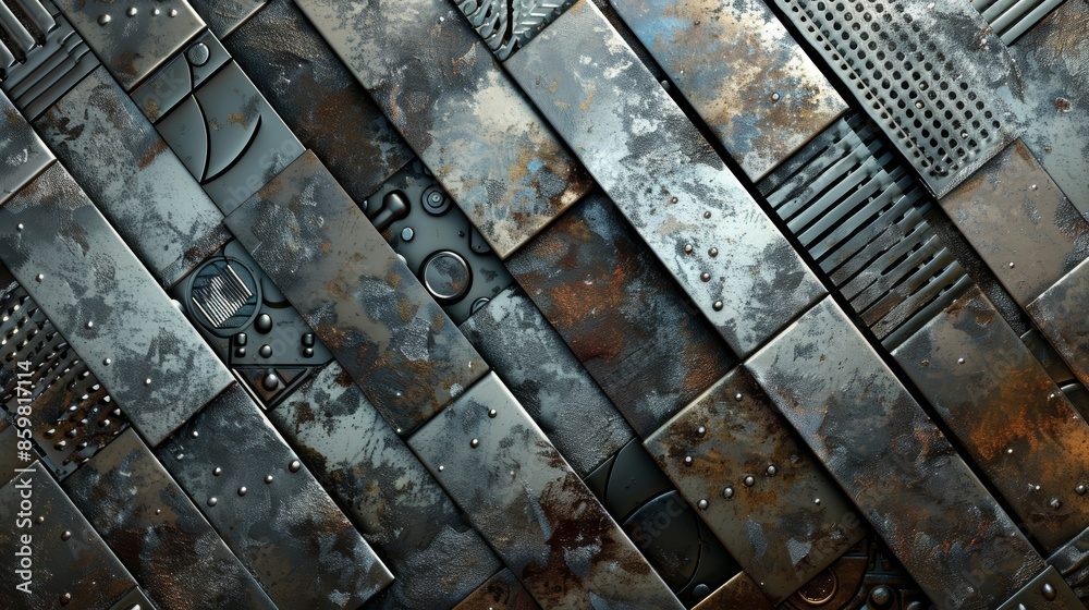 Abstract metallic background with textured metal tiles in a diagonal pattern. Abstract metallic background with textured metal tiles in a diagonal pattern.