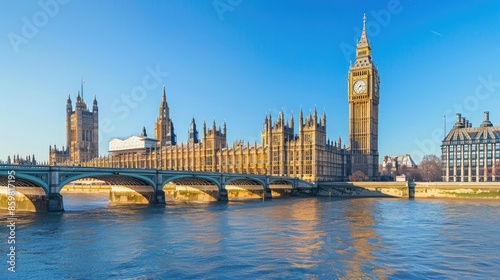 A stunning view of the Houses of Parliament and Big Ben under a clear blue sky with the River Thames reflecting the historic architecture.