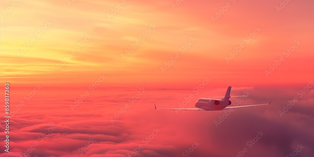 Private jet flying above clouds during sunset, travel and aviation concept