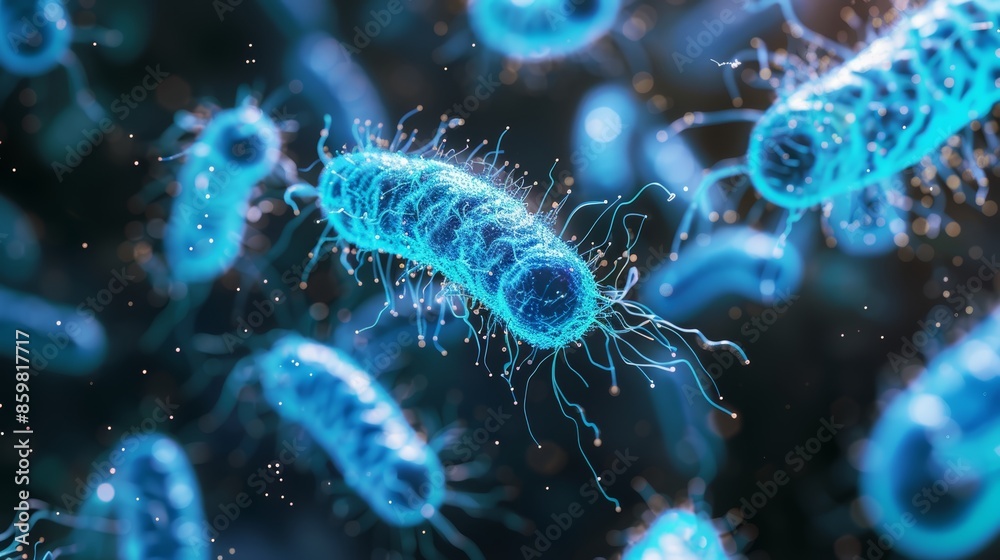 Microscopic view of bacteria cells, showing their intricate structures and vibrant blue color. Microscopic view of bacteria cells, showing their intricate structures and vibrant blue color.