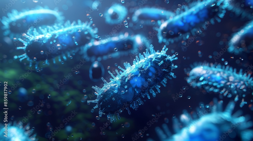 Microscopic view of blue bacteria swimming in a dark blue fluid. Microscopic view of blue bacteria swimming in a dark blue fluid.