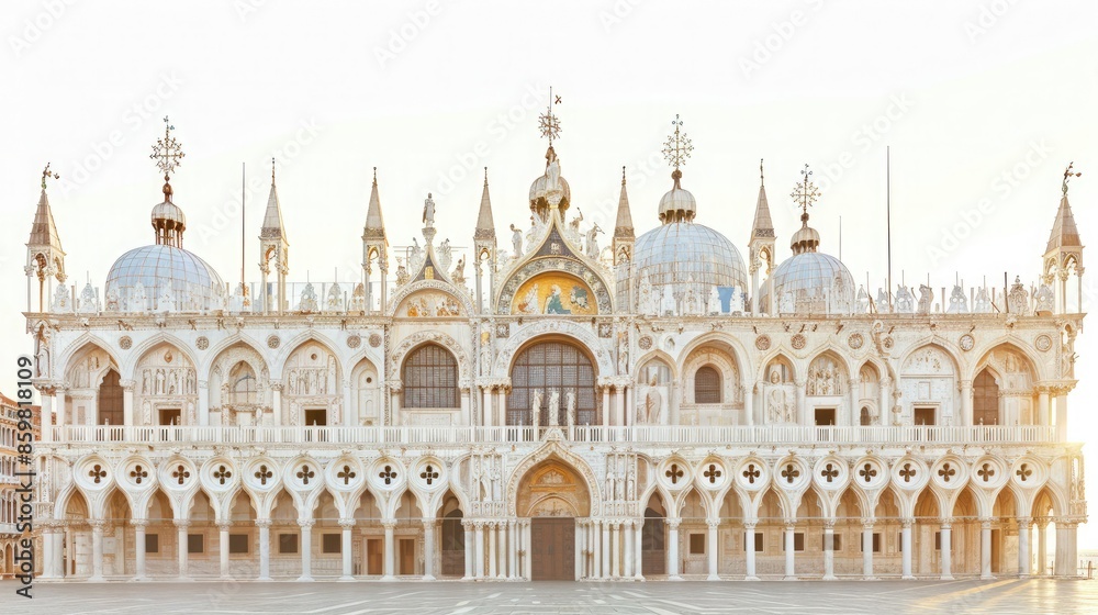 Fototapeta premium Stunning sunrise view of St. Mark's Basilica in Venice, Italy, featuring beautiful architecture and intricate details.