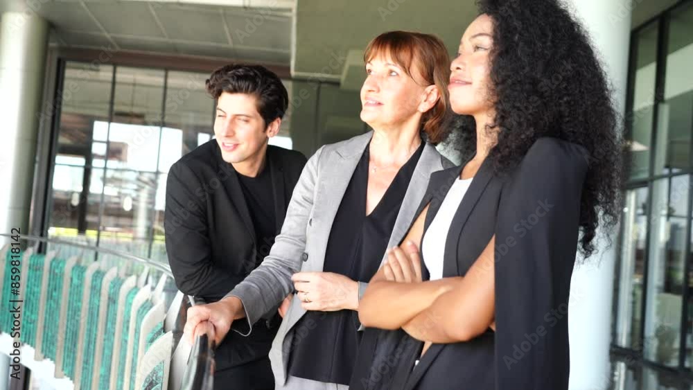 senior female executive, private business owner wearing a suit walks and talks with a male marketing employee and a female secretary using a tablet to discuss and brainstorm together in the company co senior female executive, private business owner wearing a suit walks and talks with a male marketing employee and a female secretary using a tablet to discuss and brainstorm together in the company co