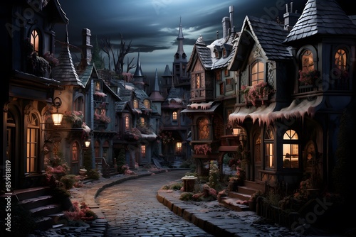Digital Illustration of a Fantasy Fairy Tale Village at Night - 3D Rendering
