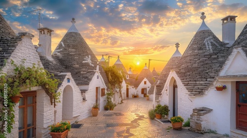 Stunning sunset over traditional trulli houses with conical roofs, capturing the charm of Alberobello in Puglia, Italy. photo