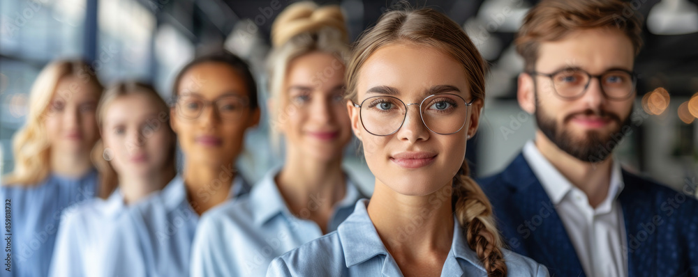 A group of people are standing in a line, with one woman wearing glasses and smiling. Concept of unity and camaraderie among the group