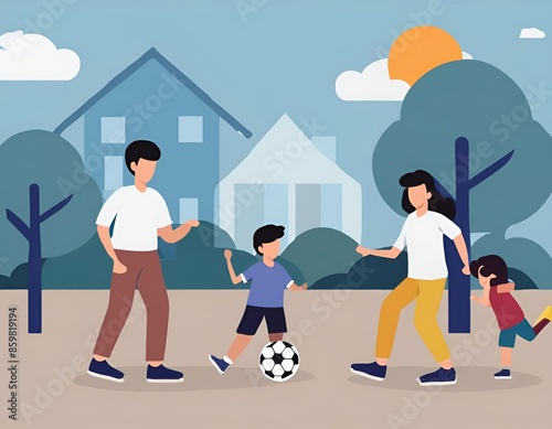 Parent and child playing football with children, family cartoon illustration