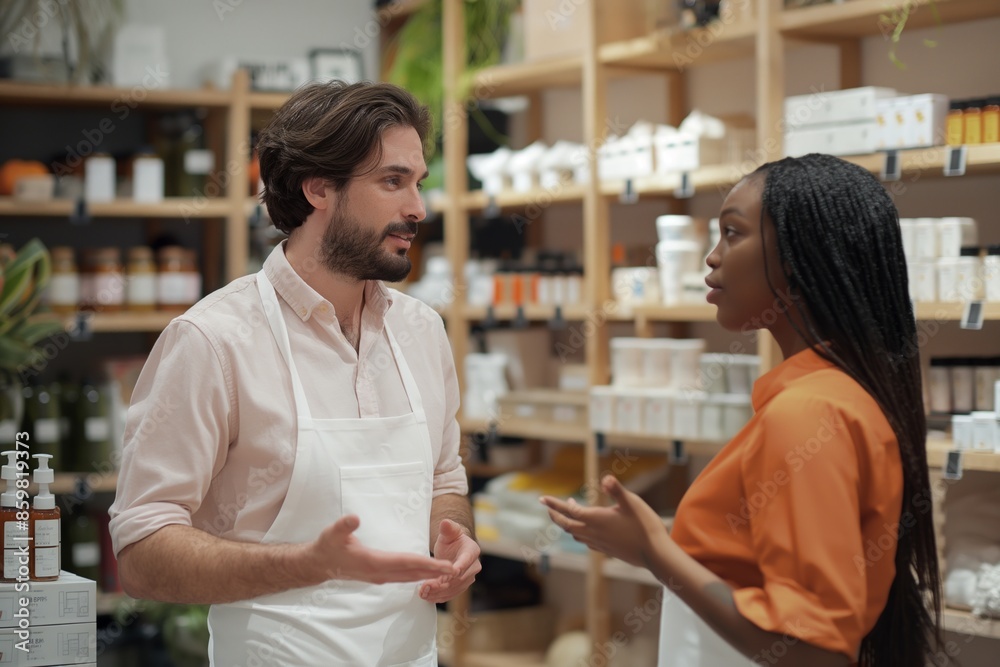 Obraz premium Salesman assisting customer in store, friendly vendor interaction concept