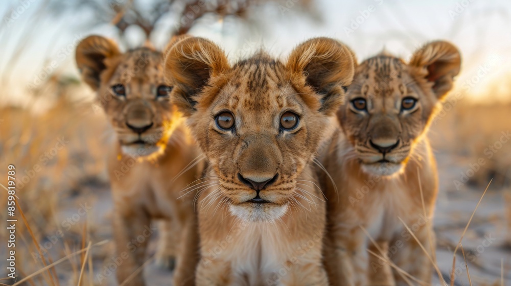a group of young small teenage lions curiously looking straight into the camera in the desert a group of young small teenage lions curiously looking straight into the camera in the desert